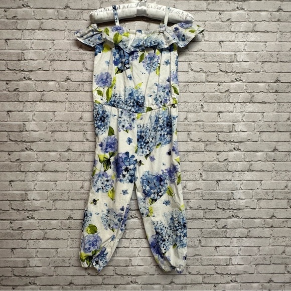 Gymboree Size 3T Floral Lined Jumpsuit Blue White Off Shoulder Ruffles Bees - Picture 1 of 10